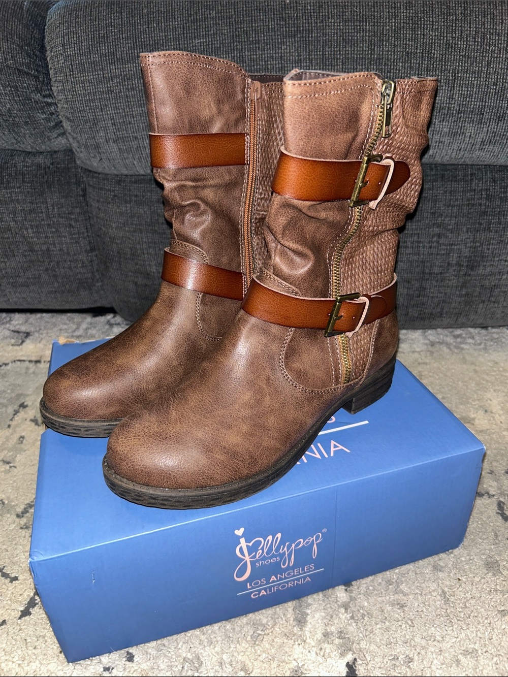 Jellypop KNOCKS Two-Tone Brown Mid-Calf Buckle Boots